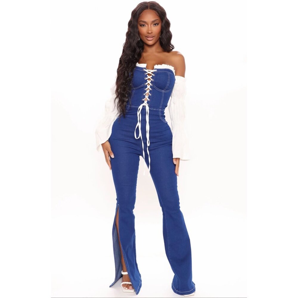 Fashion Nova ✦ Blue White Lace‑Up Denim Jumpsuit ✦ Off‑Shoulder High‑Slit L NWT - Picture 7 of 8